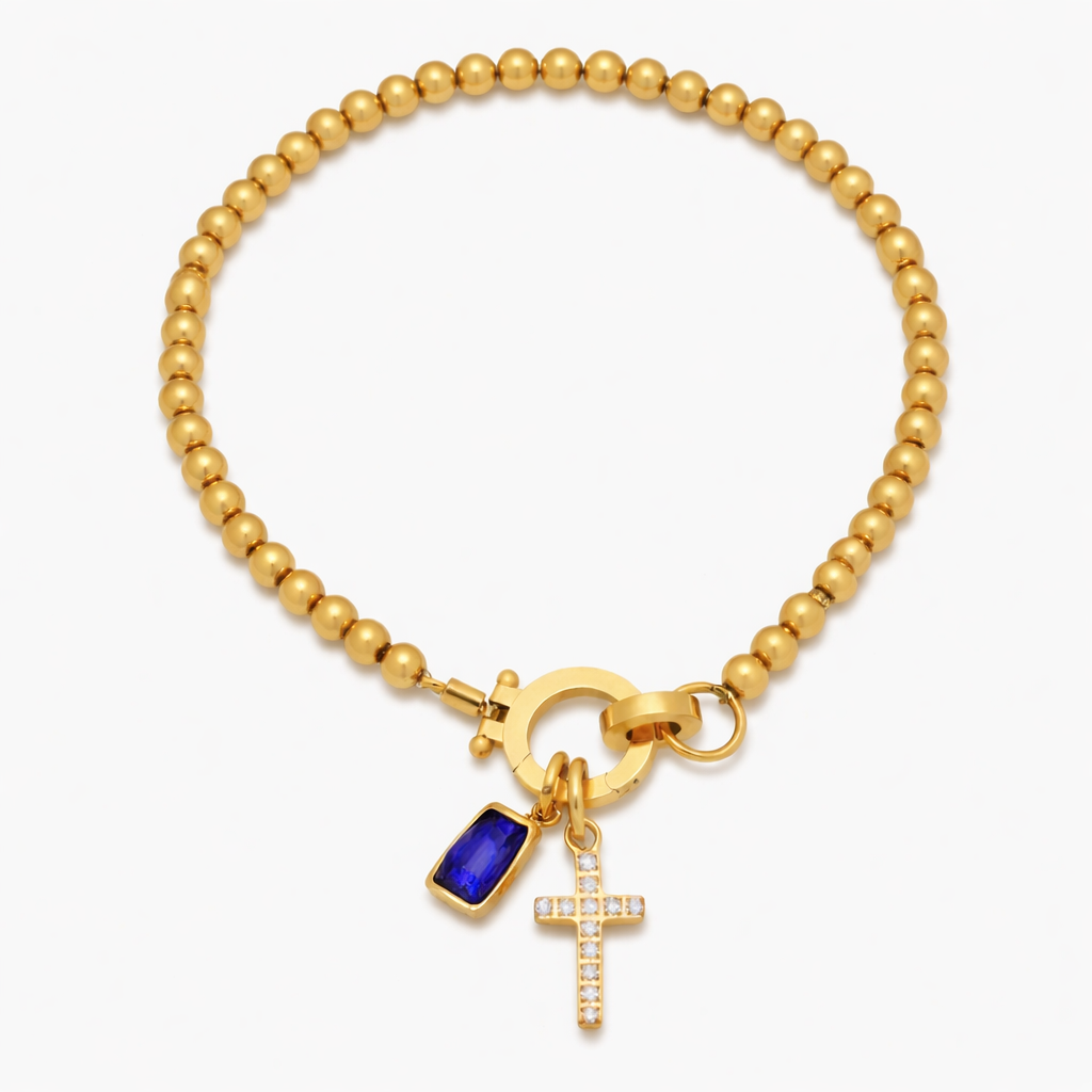 BEADED BIRTHSTONE CROSS CHARM BRACELET