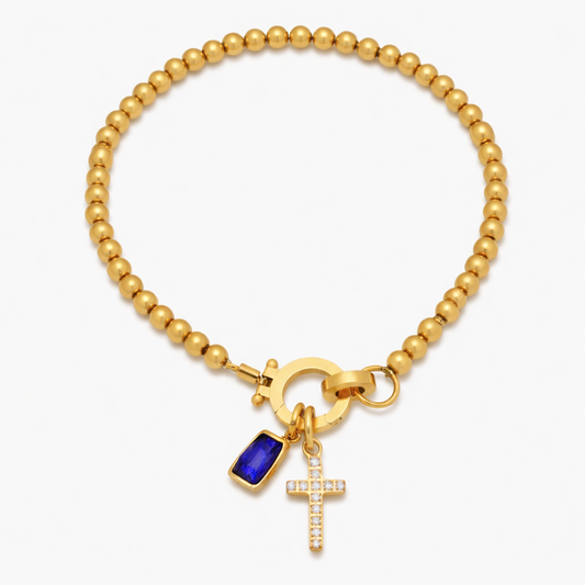 BEADED BIRTHSTONE CROSS CHARM BRACELET