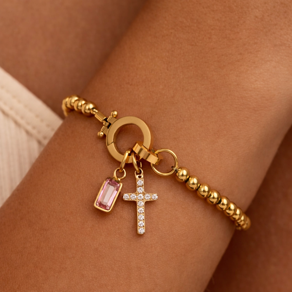 BEADED BIRTHSTONE CROSS CHARM BRACELET